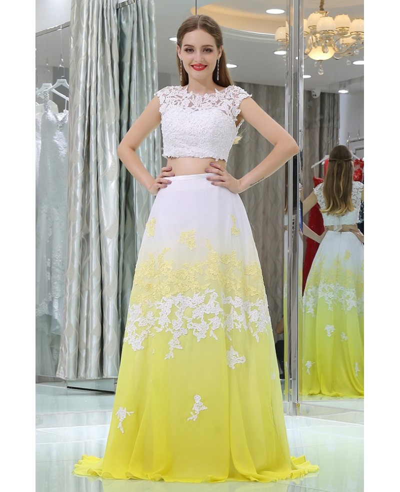 Gradient White And Yellow Lace Prom Dress In Two Pieces - Click Image to Close