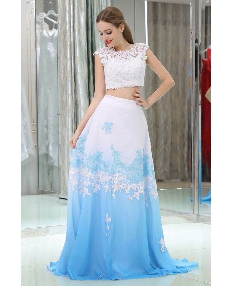 Two Pieces Lace Beaded Prom Gowns In Gradient White And Blue - Click Image to Close
