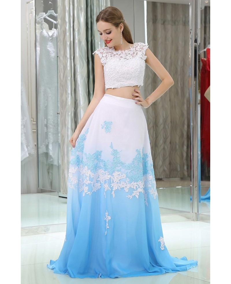 Two Pieces Lace Beaded Prom Gowns In Gradient White And Blue