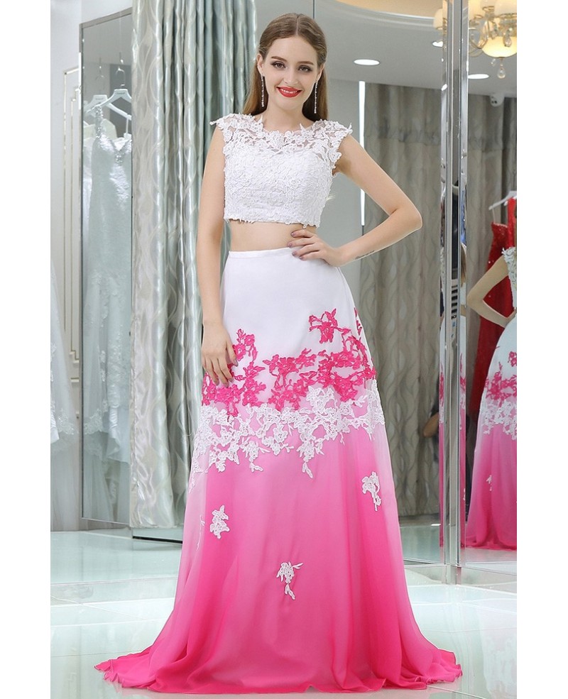 Two Pieces Lace Beaded Gradient White And Fuchsia Chiffon Prom Dresses