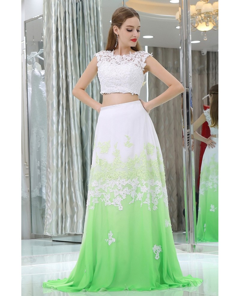 Long Lace Chiffon Gradient White And Green Prom Gown In Two Pieces - Click Image to Close