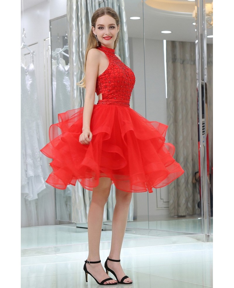 Hot Red Short Halter Layered Organza Prom Dress With Two Pieces