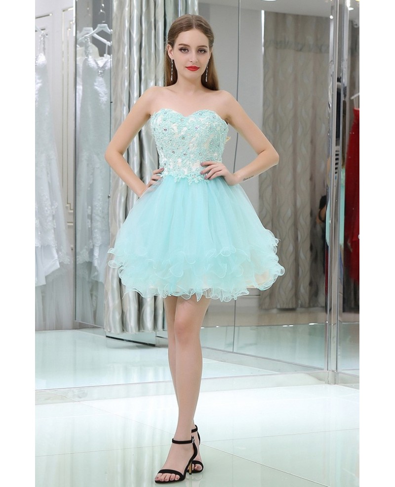 Strapless Short Tulle Baby Blue Prom Gown With Crystal Lace