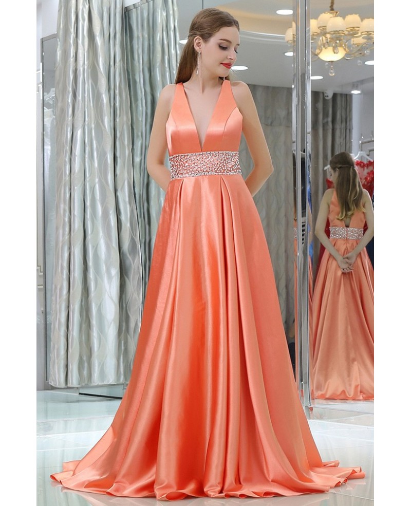 Long Deep V Beaded Coral Satin Evening Dress With Big Ball Gown