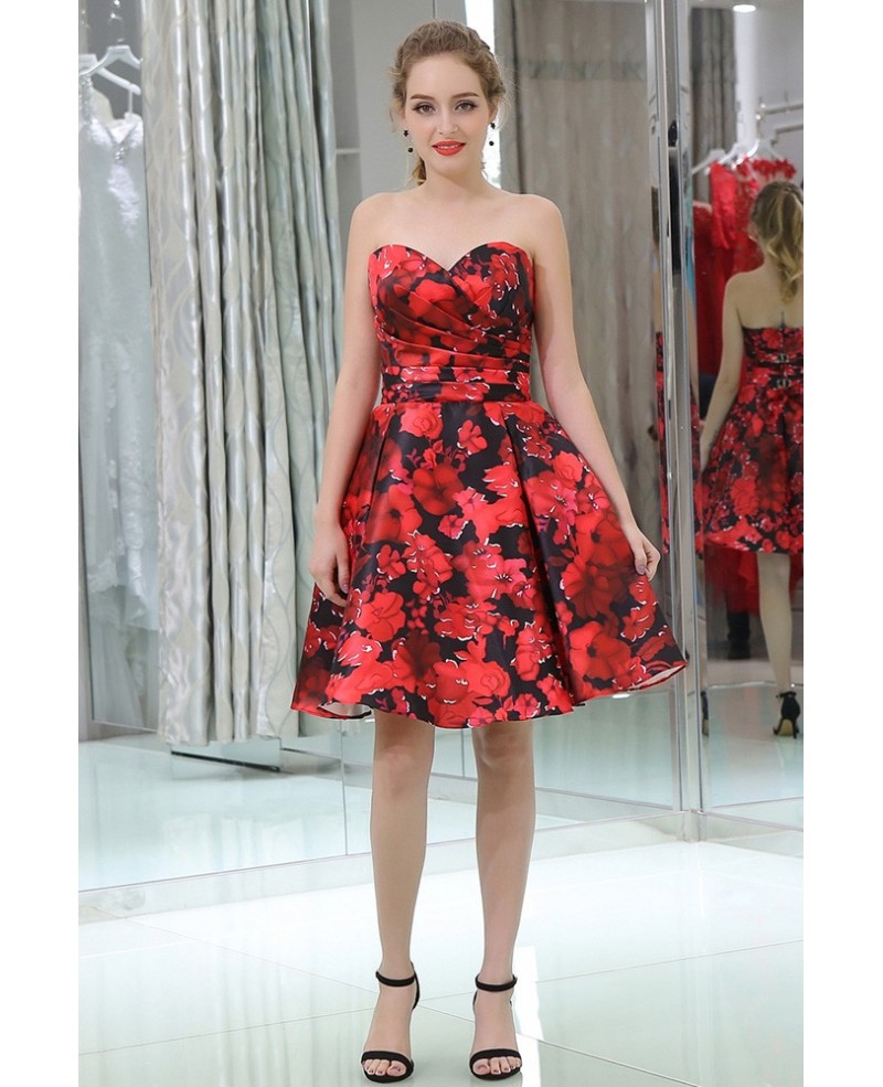 Strapless Sweetheart Little Black And Red Prom Dress In Floral Print Style - Click Image to Close