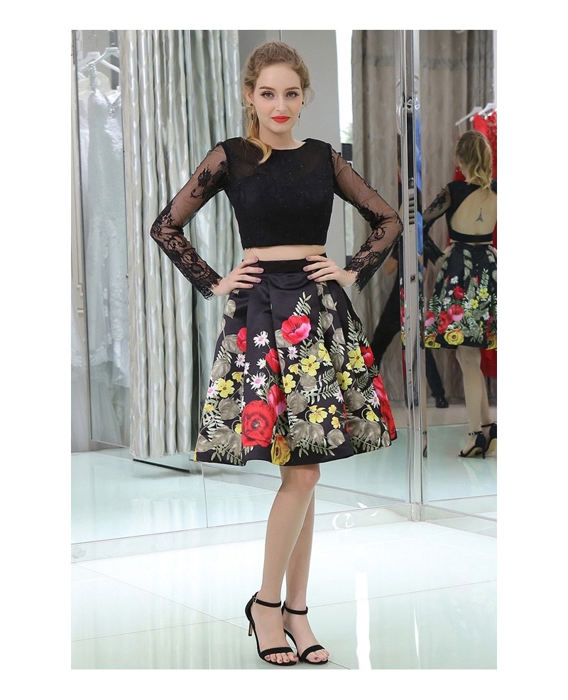 2 Piece Floral Print Short Black Lace Party Dress With Long Sleeves