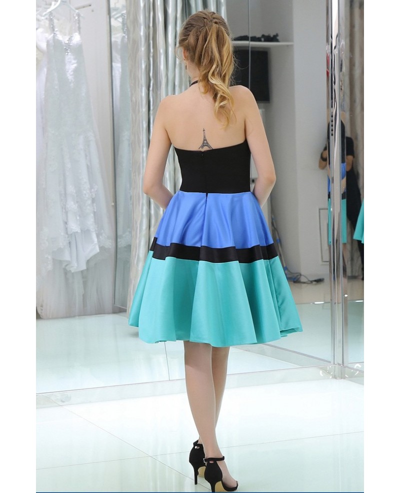 Unique Halter Short Satin Prom Dress In Black Blue Green Colors