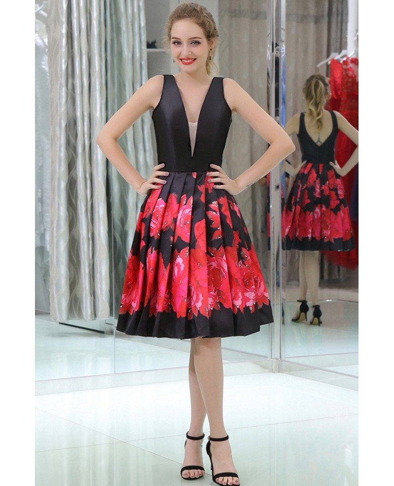 Black And Red Printed Short Satin Pleated Evening Dress With Deep V Neck - Click Image to Close