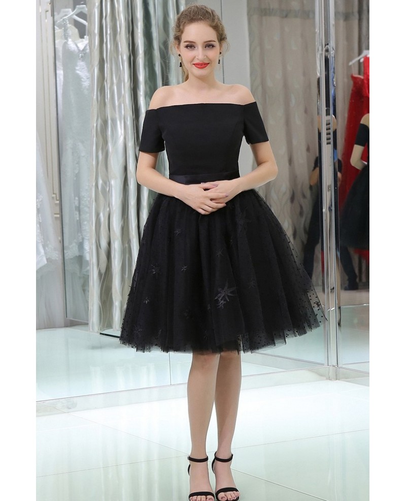 Little Black Short Lace Tulle Satin Prom Dress With Off The Shoulder Sleeves