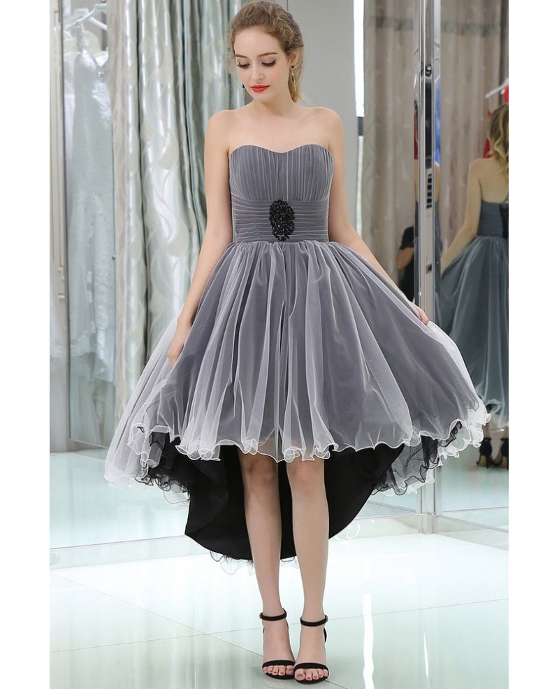 Strapless High Low Tulle Prom Dress In Black And White Color