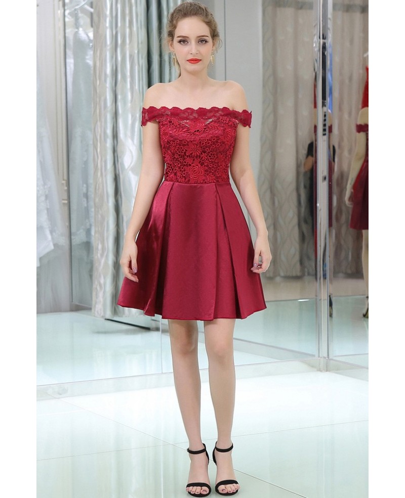 Off The Shoulder Burgundy Lace Satin Prom Dress In Cocktail Length - Click Image to Close