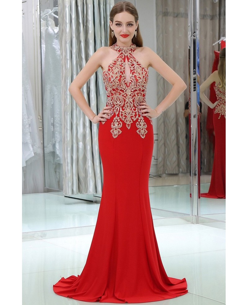 Long Halter Mermaid Little Trained Red Prom Dress With Gold Applique Lace