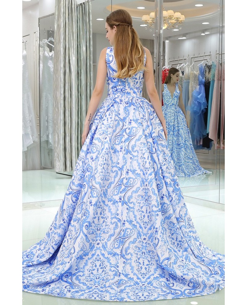 Gorgeous Long V Floral Print Blue Prom Gown With Sweep Train