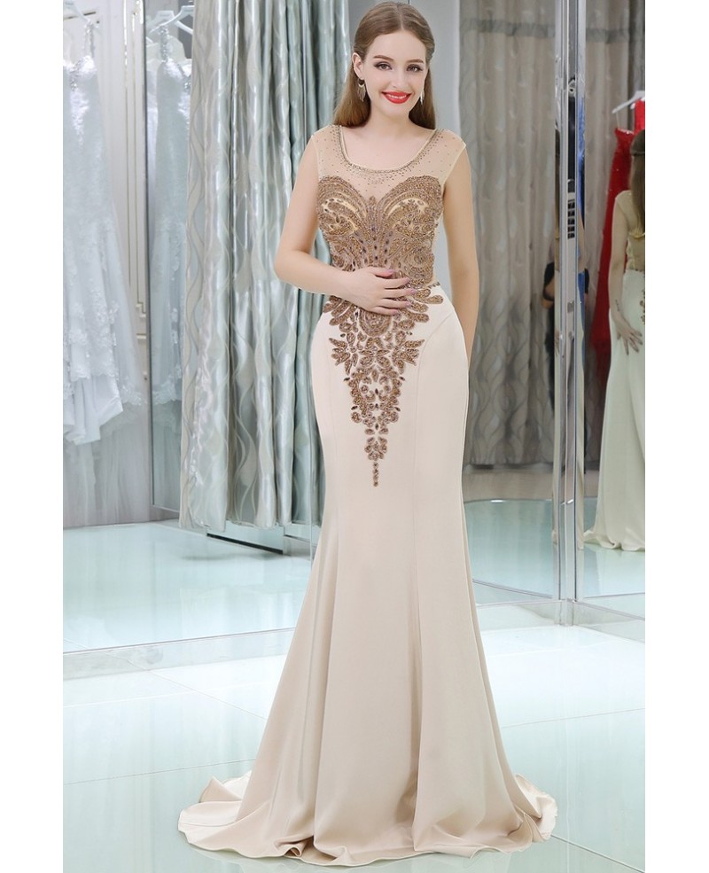 Sparkly Beading Mermaid Long Nude Evening Dress With Sweep Train - Click Image to Close