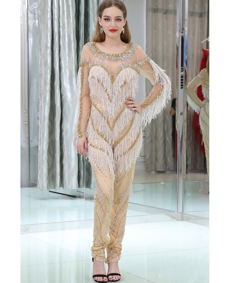 Exaggerated Beading Long Sleeves Formal Jumpsuits For Parties - Click Image to Close