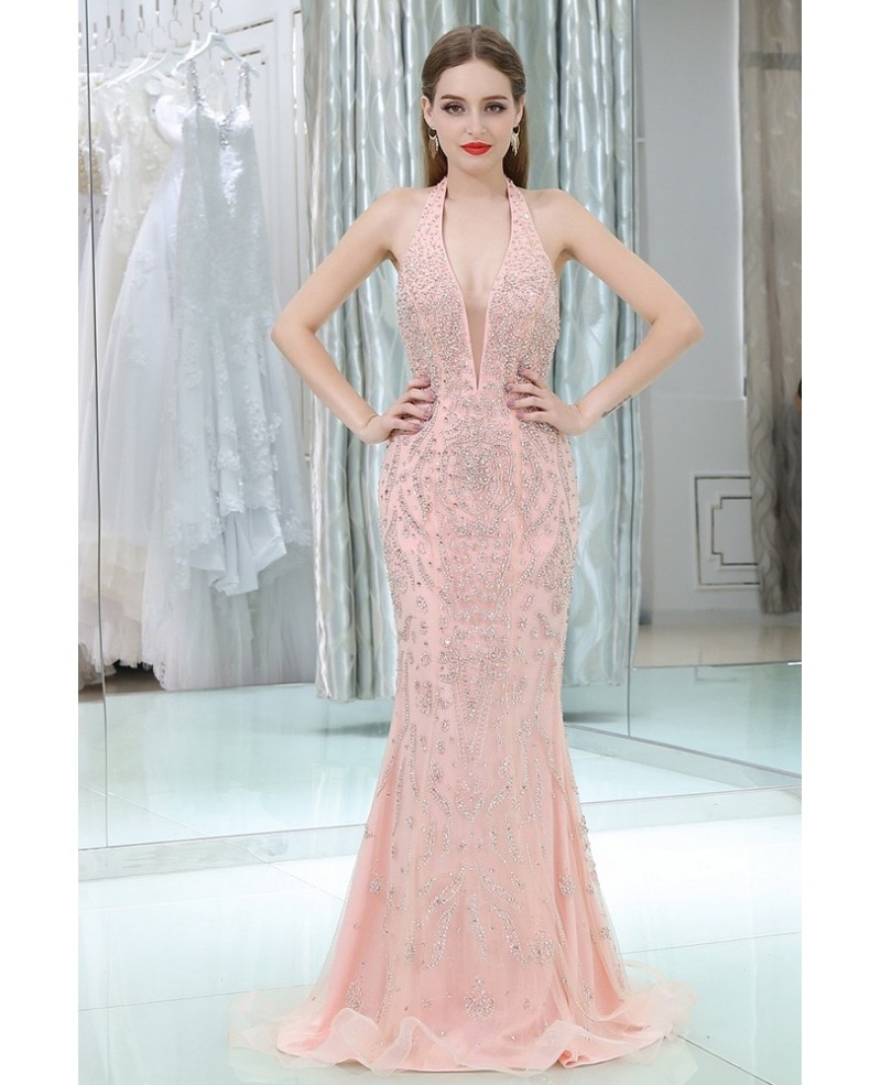 Sparkly Open Back Formal Pink Evening Dress With Long Halter Neck