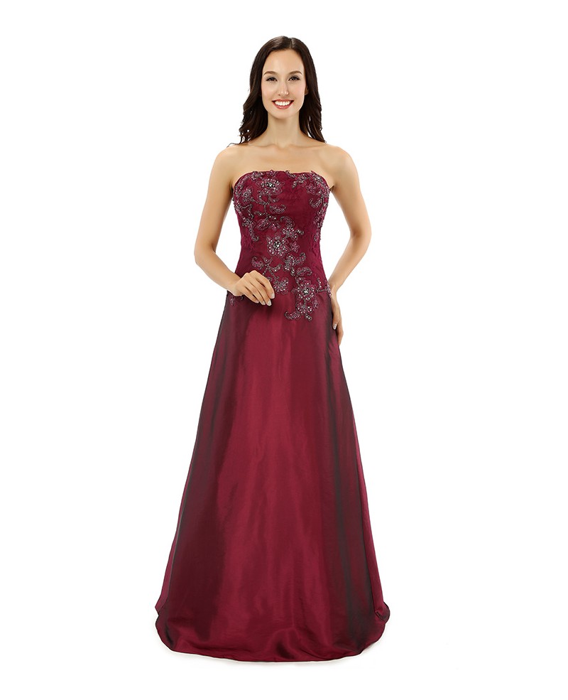 Burgundy A-line Strapless Floor-length Prom Dress