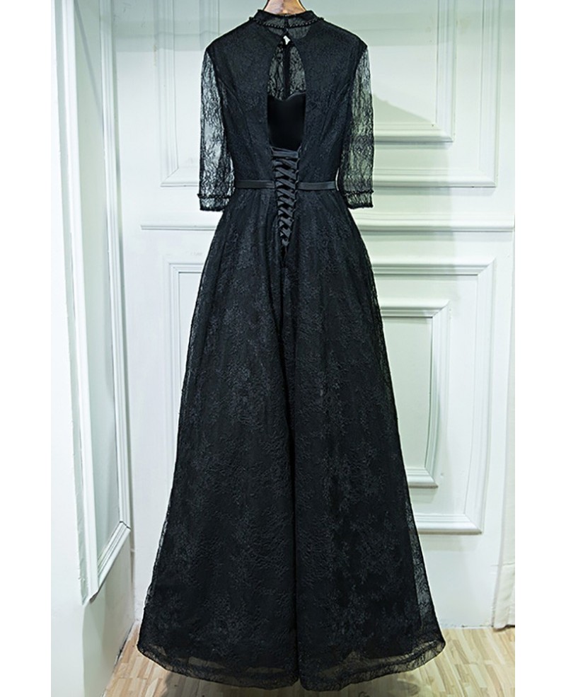 Vintage Chic Long Black High Neck Prom Dress With 3/4 Sleeves