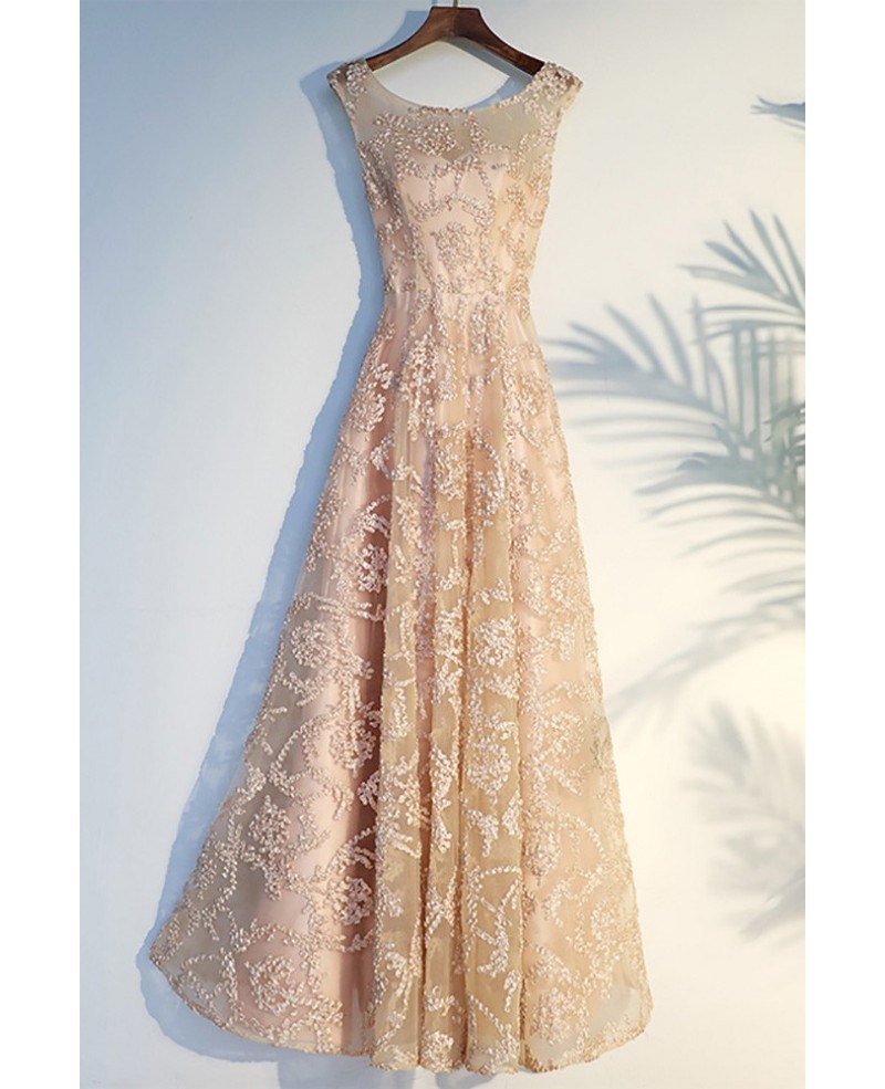 Formal Long Champagne Long Prom Party Dress Lace Sleeveless