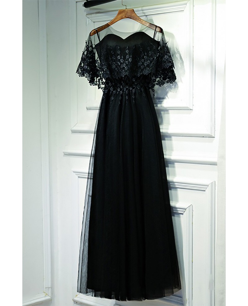 Classy Long Black Lace Formal Dress With Butterfly Sleeves