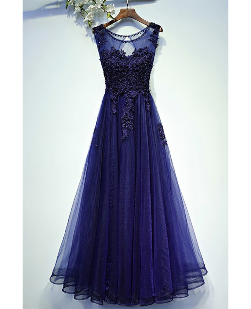 Navy Blue Lace Tulle Long Prom Dress A Line Sleeveless
