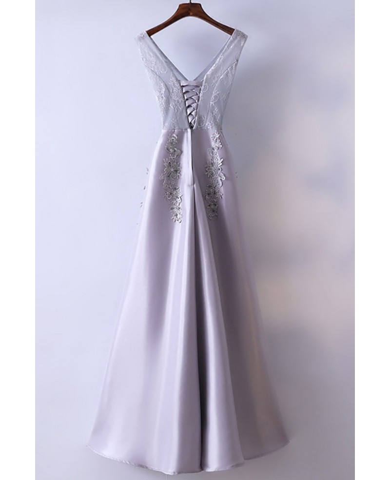 Silver V-neck Long Satin Prom Party Dress Sleeveless