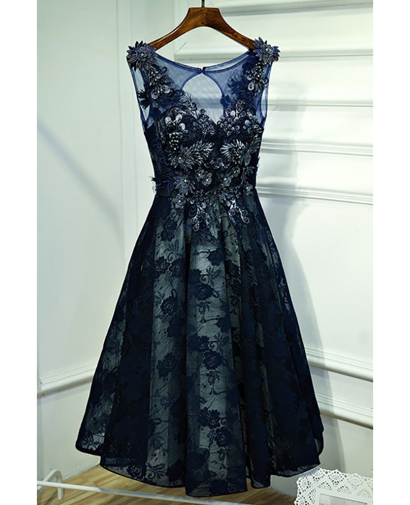 Gorgeous Navy Blue Lace Short Formal Party Dress With Appliques