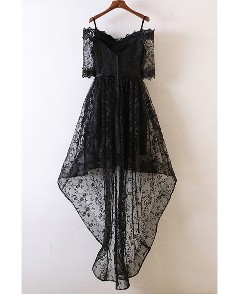 Unique Black High Low Prom Dress Lace With Off Shoulder For Teens - Click Image to Close