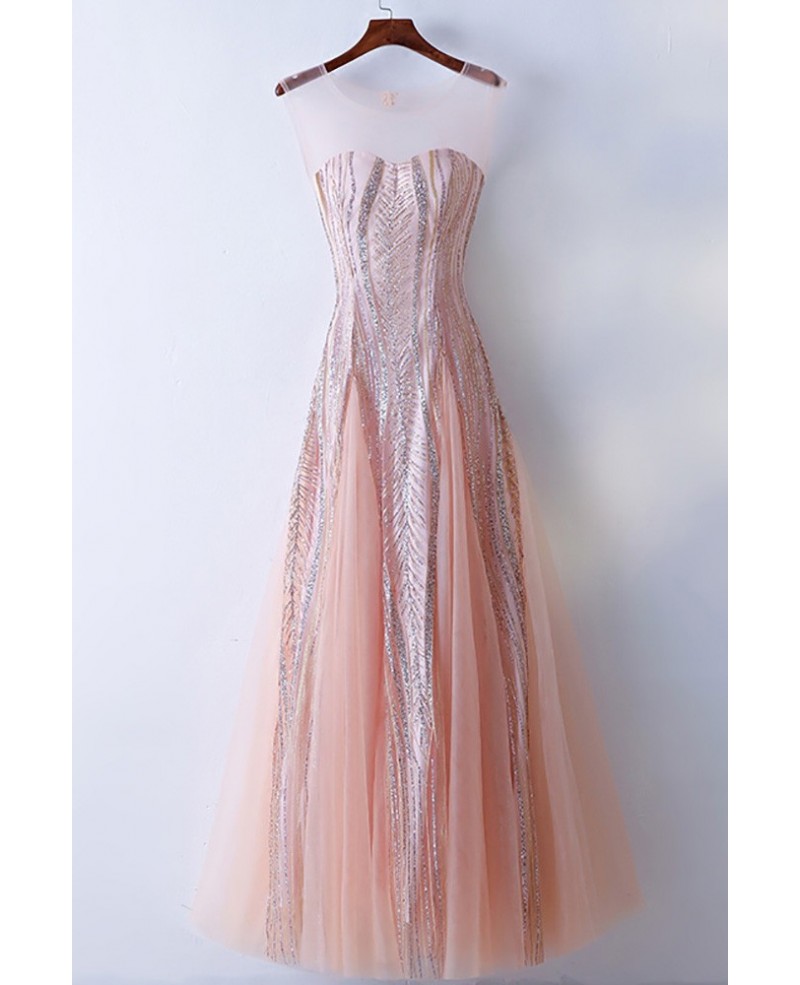 Unique Illusion Neckline Sparkly Pink Prom Dress Long Tulle - Click Image to Close