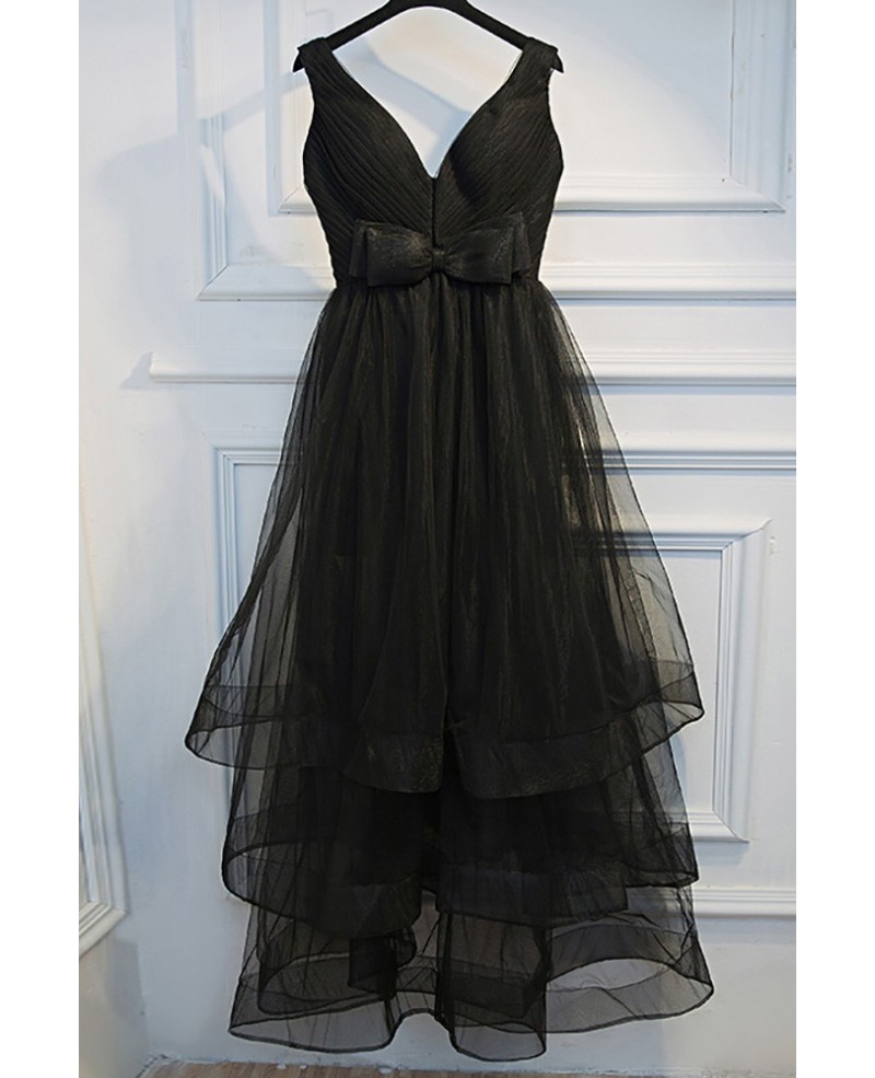 Super Cute Long Black Prom Dress V-neck With Tiered Tulle - Click Image to Close