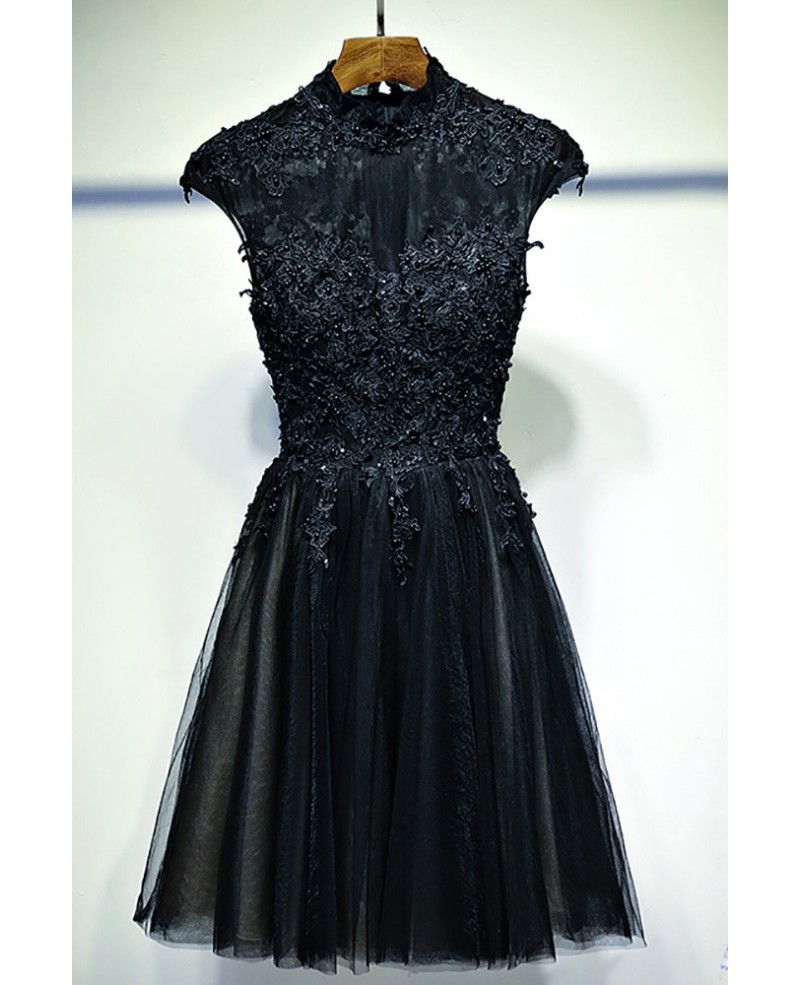 Vintage Chic Short Black Lace Prom Dress With Cap Sleeves - Click Image to Close