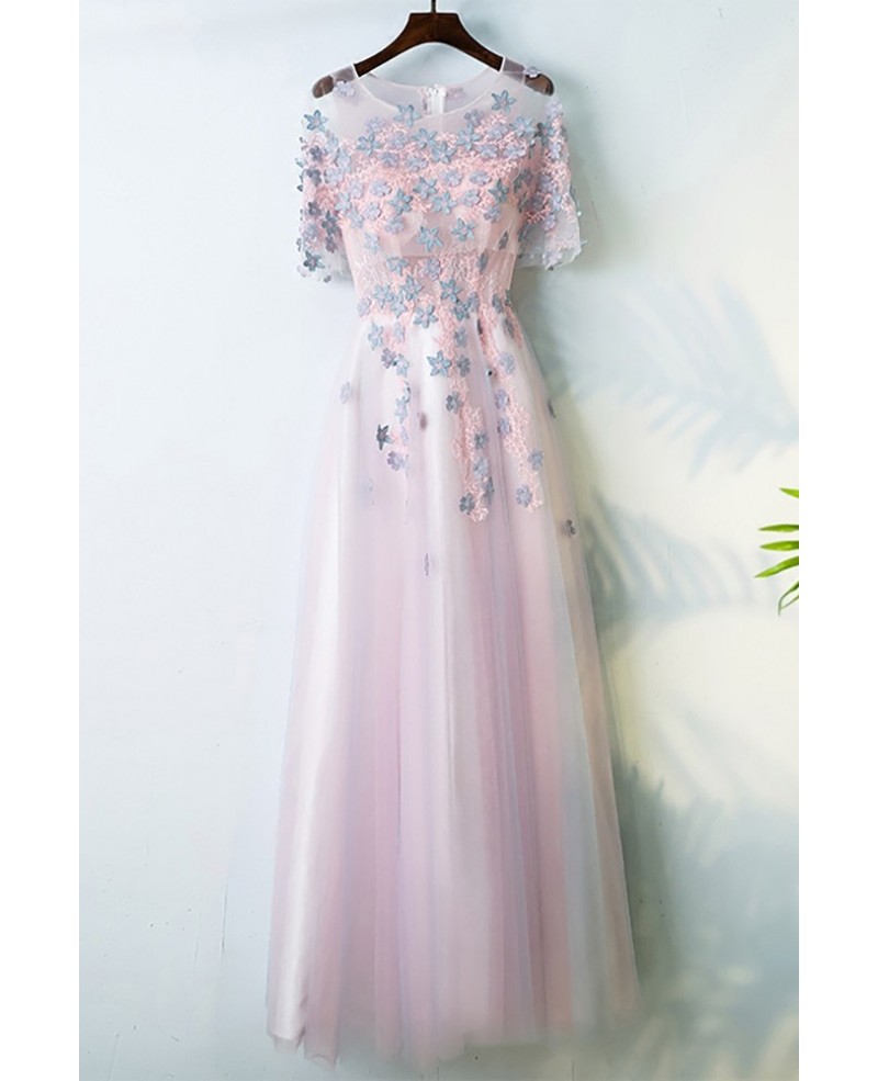 Cute Pink Long Prom Party Dress With Flowers Sleeves For Juniors