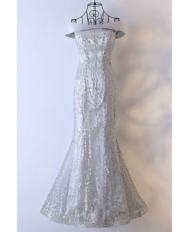 Sparkly Silver Long Mermaid Prom Dress Off The Shoulder