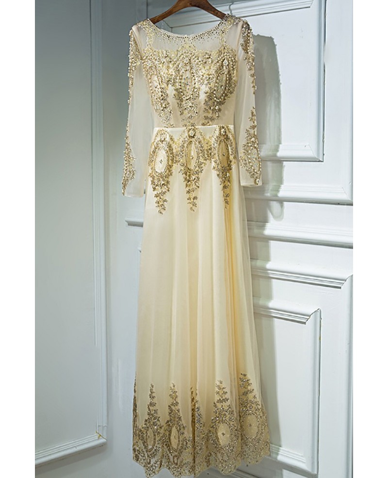 Luxury Long Gold Embroidery Prom Formal Dress With Long Sleeves