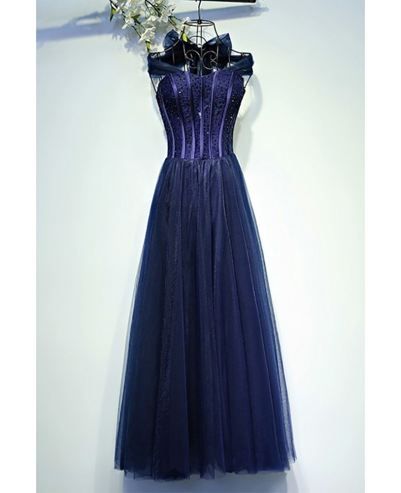 Vintage Chic Navy Blue Corset Prom Dress Long Halter - Click Image to Close