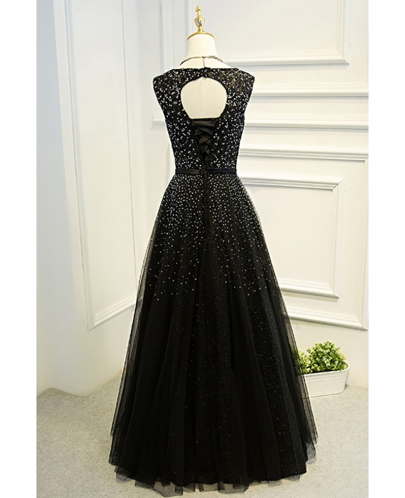 Sleeveless Beaded Long Black Ballgown Prom Dress With Bling