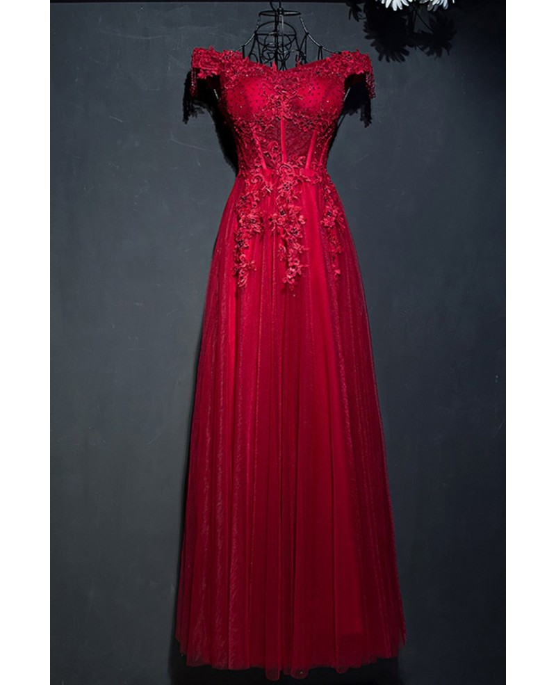 Retro Burgundy Corset Lace Long Formal Party Dress With Off Shoulder - Click Image to Close