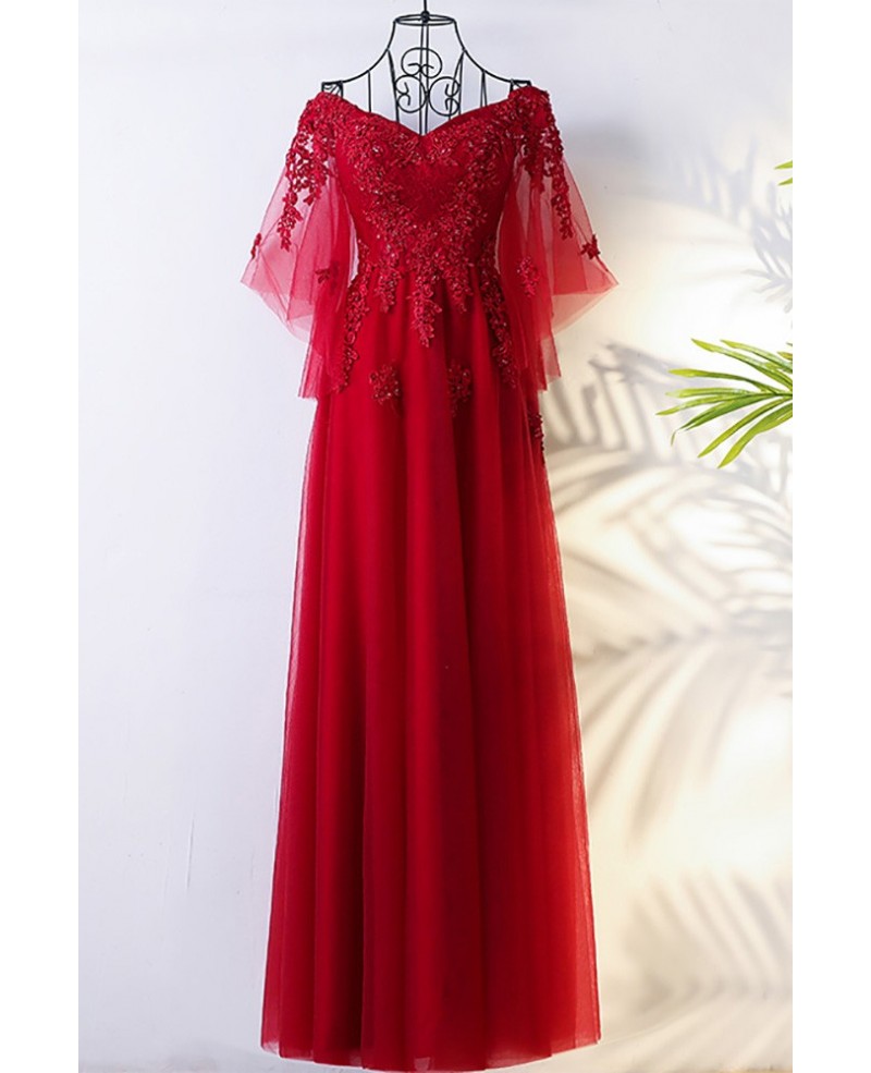 Flowy Burgundy Long Tulle Formal Party Dress With Butterfly Sleeves