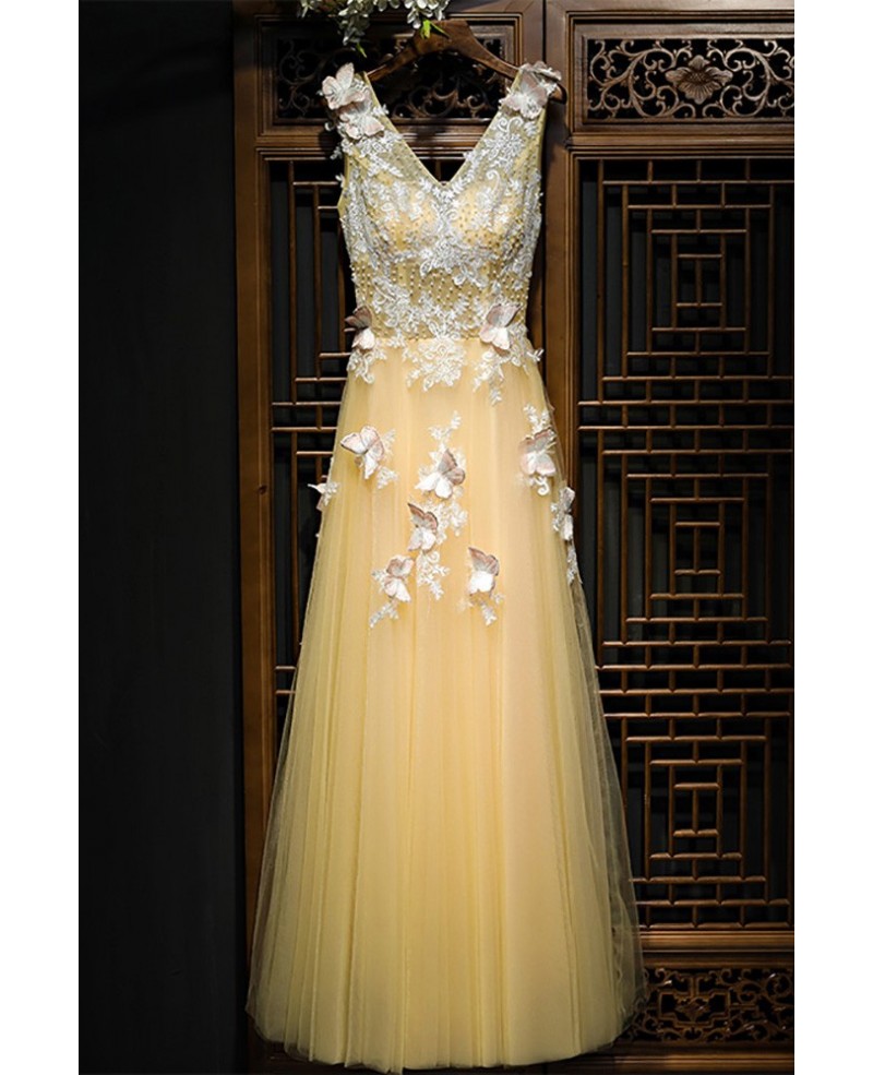 Flowy Long Champagne Tulle Prom Dress With Lace Butterflies