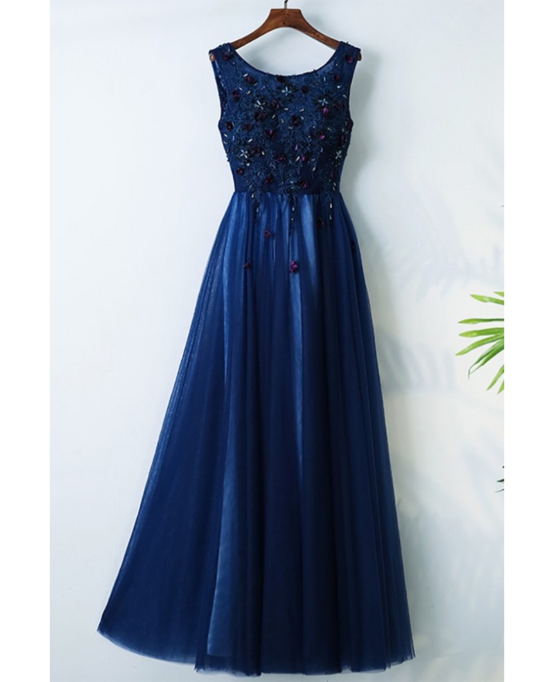 Navy Blue Long Cheap Formal Party Dress With Appliques - Click Image to Close