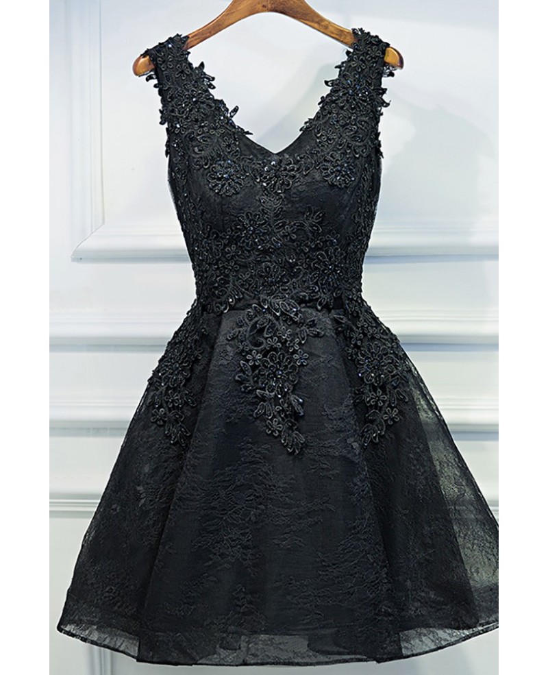 Chic Short Little Black Lace Prom Homecoming Dress V-neck Sleeveless