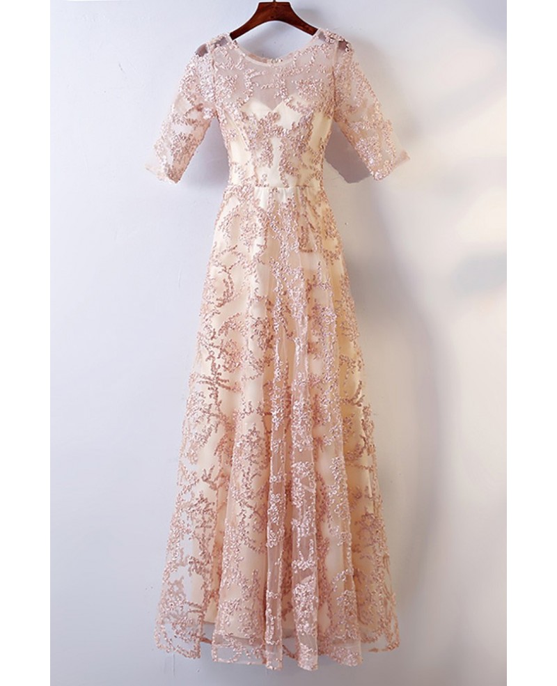 Long Champagne Lace Formal Party Dress With Sleeves For Weddings