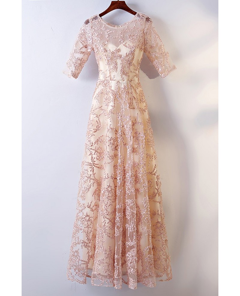 Long Champagne Lace Formal Party Dress With Sleeves For Weddings - Click Image to Close