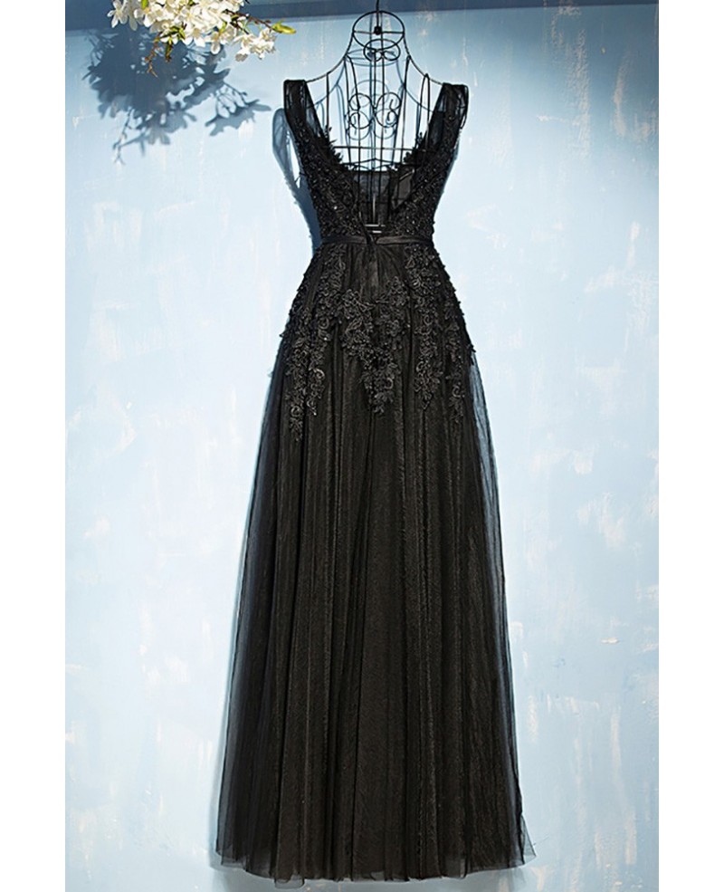 Classic Long Black Lace Tulle Prom Dress V-neck Sleeveless