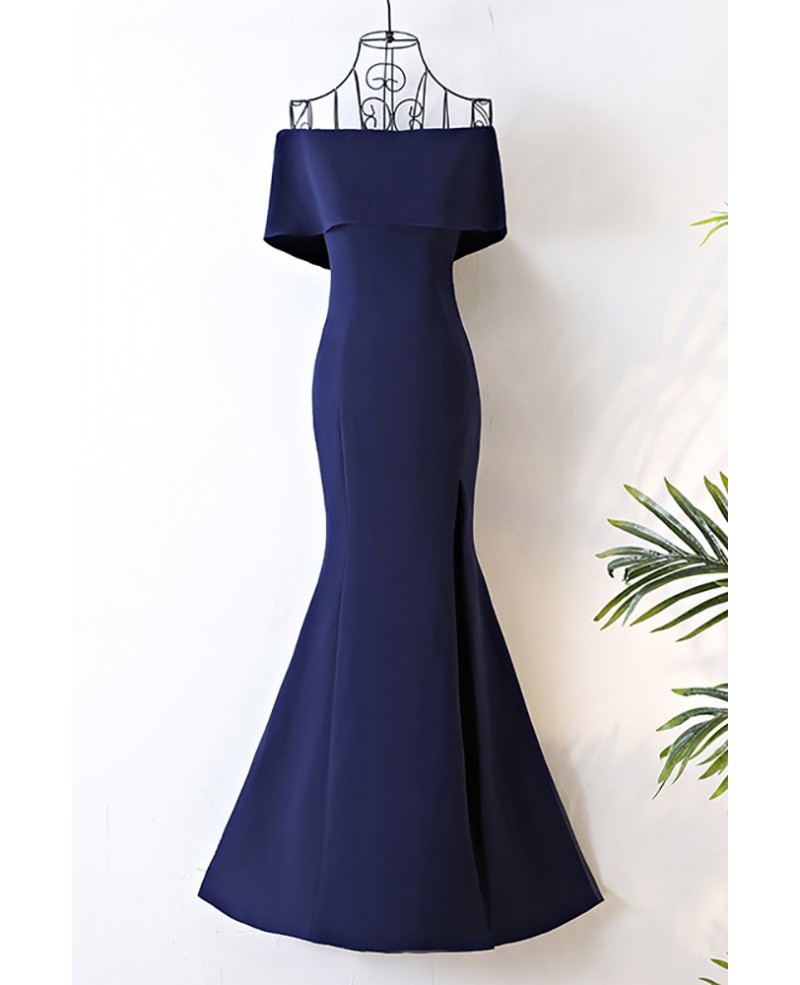 Long Navy Blue Satin Mermaid Formal Dress Off The Shoulder - Click Image to Close