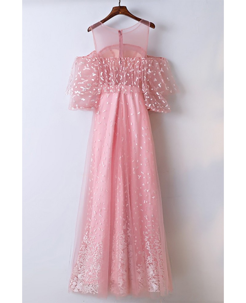 Lovely Pink Applique Lace Long Prom Dress Different