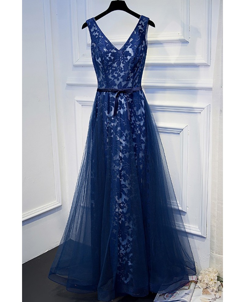 Unique Navy Blue Long Lace Prom Dress V-neck With Sash - Click Image to Close