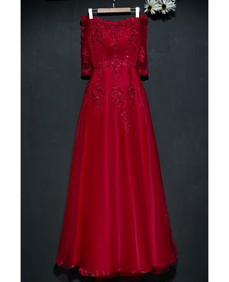 Burgundy Long Lace Formal Party Dress Off Shoulder With Sleeves - Click Image to Close