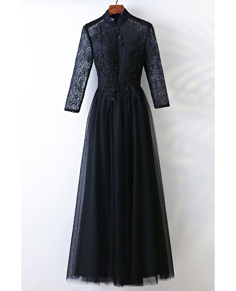 Vintage High Neck Long Black Prom Dress With Long Sleeves