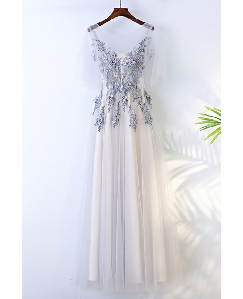 Gorgeous Grey Long Tulle Lace Prom Party Dress For Curvy Girls